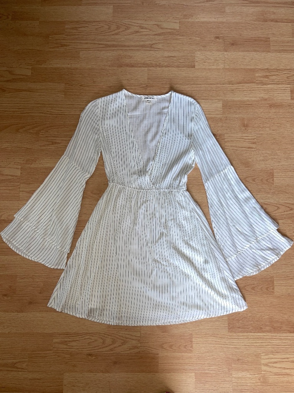 Billabong Off White & Black Striped Long Flare Sleeve Mini Deep Plunge Dress